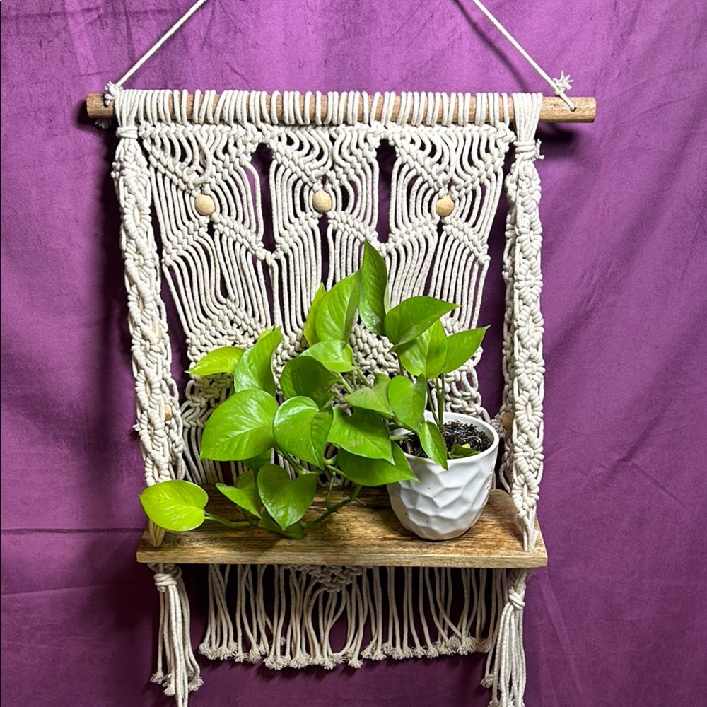 Cream and Brown Macrame  Shel Wall Decor